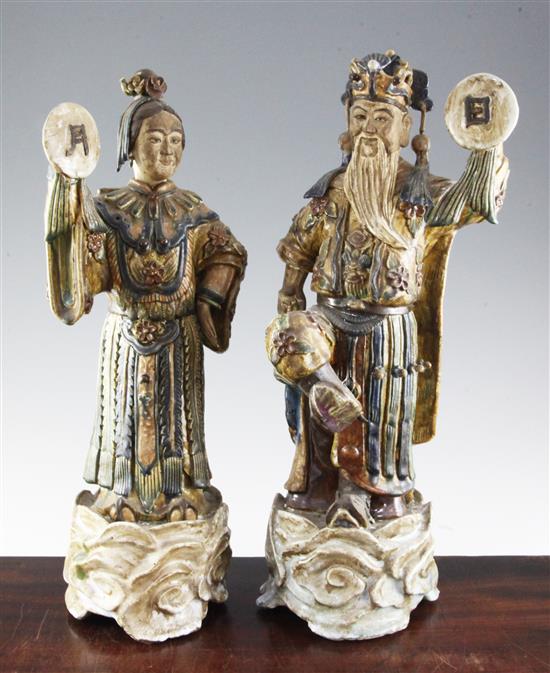 A pair of Cantonese polychrome stoneware figures of Hou Yi and Change, 46cm